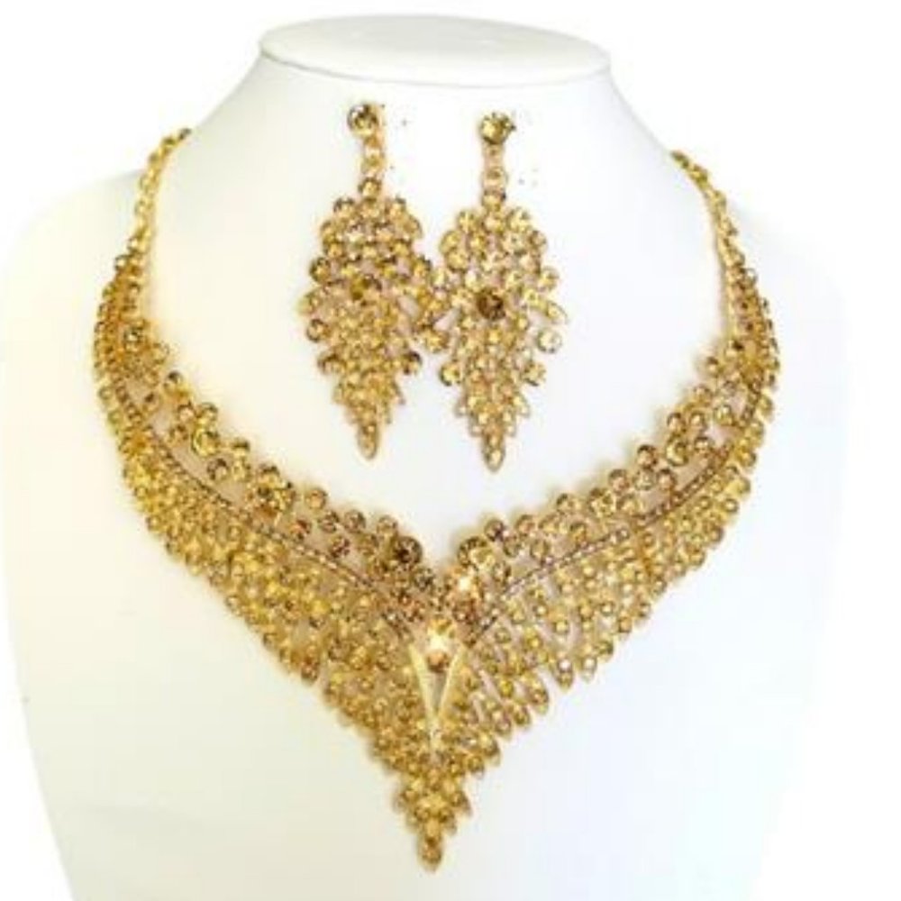 Gold Necklace and Earring Set Champagne Gold Prom Necklace Bridal Jewelry Set